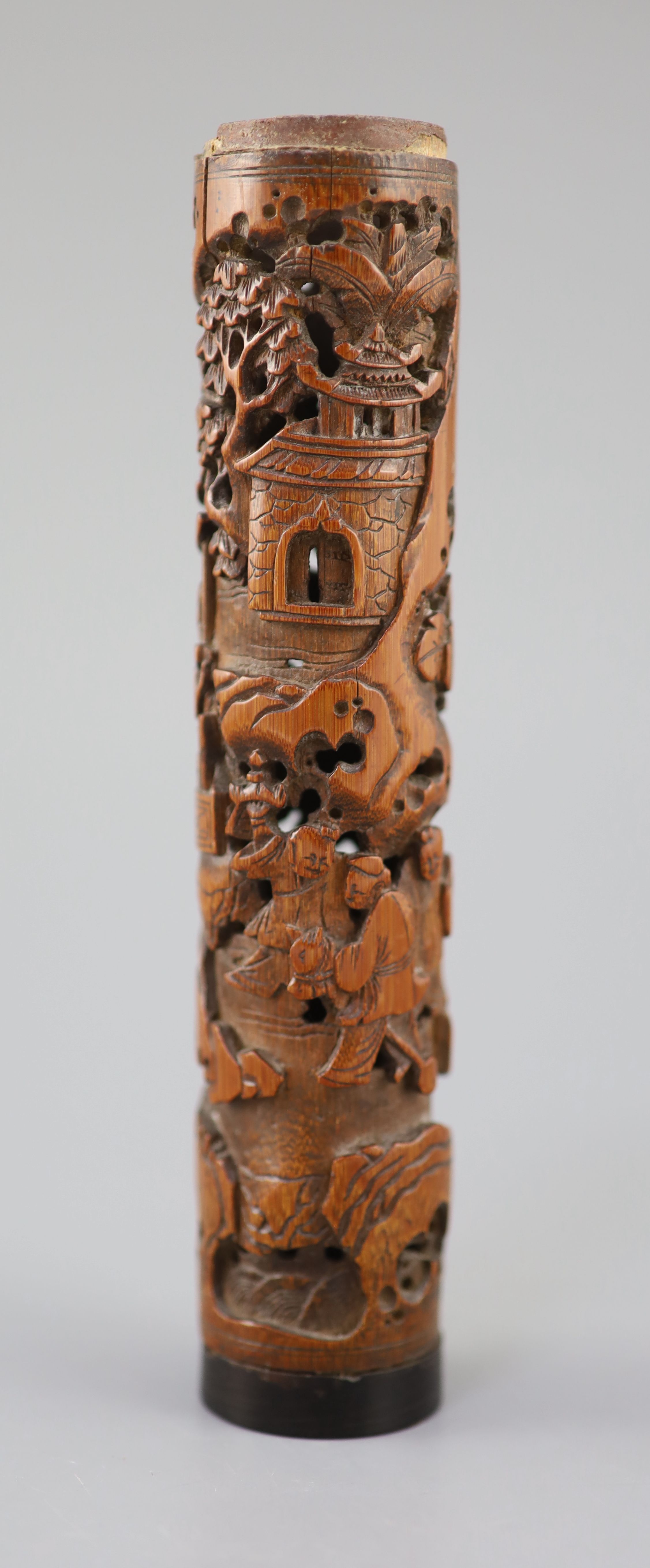 A Chinese bamboo landscape and figures perfume holder, 18th century,